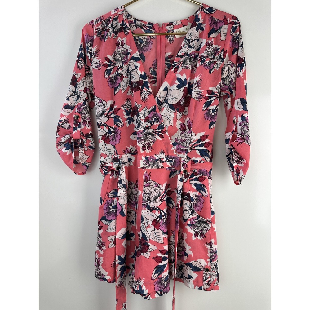Yumi Kim Liz Floral 3/4 Sleeve Romper Blossom Pink Tie Waist Jumper XS Small - Picture 2 of 15